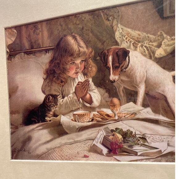 Suspense by C Burton Barber Print Matted Picture Girl Morning Grace Dog & Kitten - Picture 1 of 5